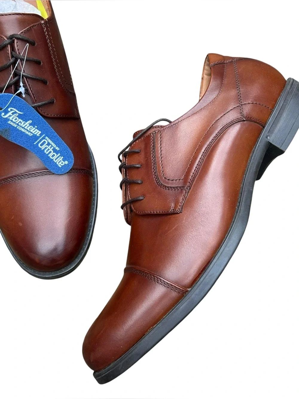 Florsheim Comfortech Ortholite Leather Cap Toe Oxford Dress Shoes Cognac